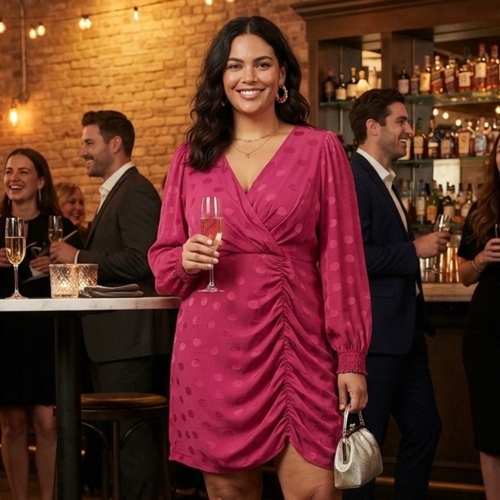 Zara Magenta Pink Jacquard Polka Dot Ruched Mini Dress Long Sleeve XL Party